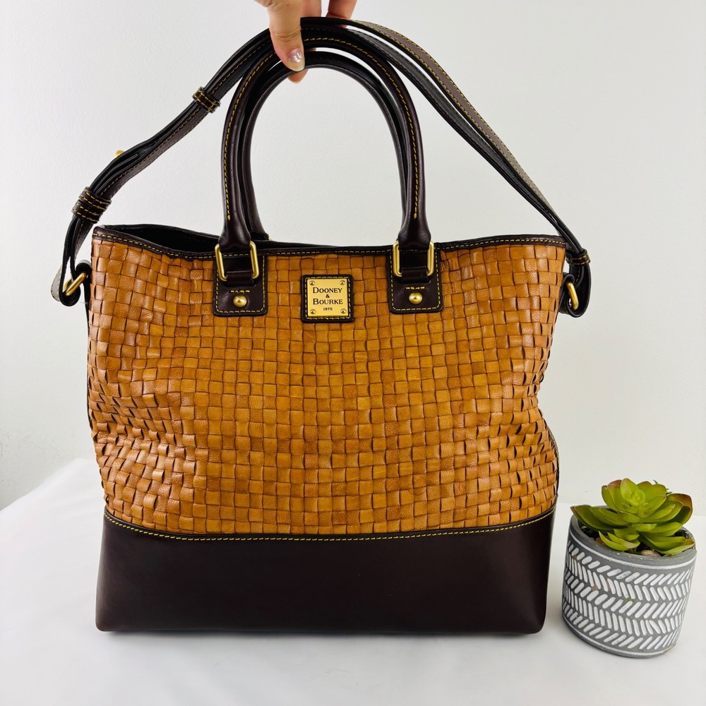 Dooney & Bourke Tessuta Chelsea Brown Tan Woven Leather Shoulder Tote Bag Purse